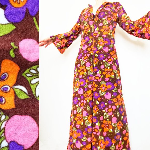 Vintage 60s/70s Pants - Vintage 60s 70s Womens  Rare Psychedelic Floral Print Velour Jumpsuit Loungewear